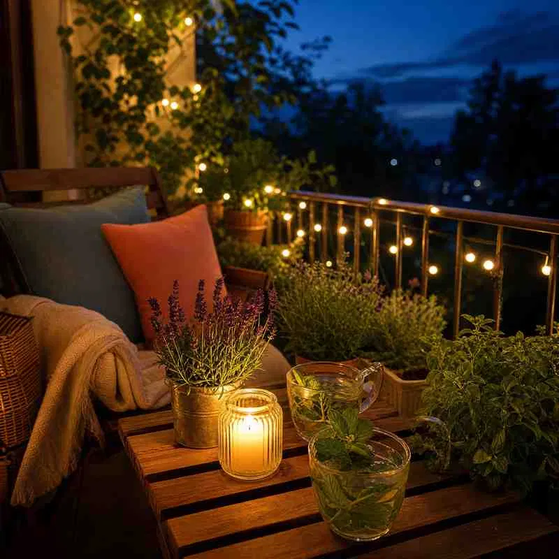 Sommerabend Balkon gestalten, gemütliche Terrasse Ideen, Lichterketten Außen, Duftpflanzen Balkon, Outdoor Wohlfühloase, Alltagszauberwelt, Entspannung im Freien, Balkon Deko, Gartenbeleuchtung, Kräuter Balkon