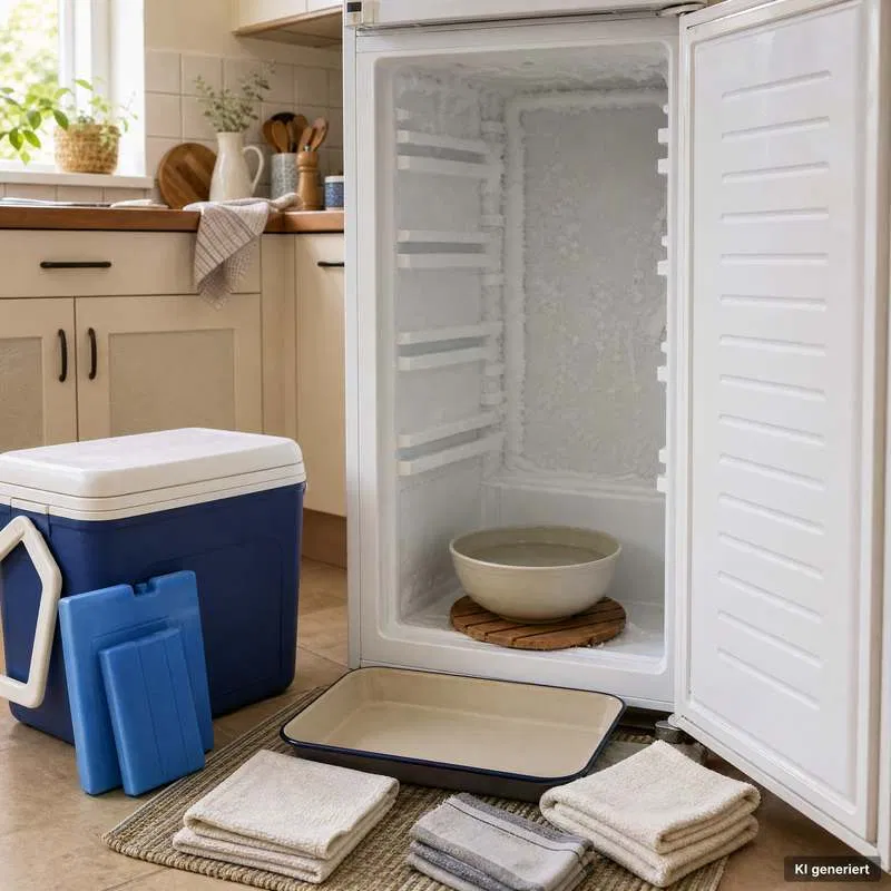 Gefrierschrank abtauen, Gefrierfach abtauen, Eis im Gefrierschrank entfernen, Gefrierschrank schnell abtauen, Tauwasser auffangen, Gefrierschublade festgefroren, No Frost abtauen