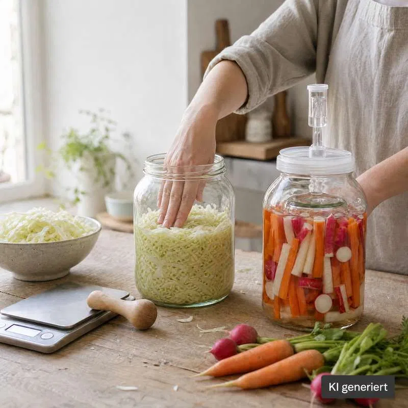 Fermentieren für Anfänger, Gemüse fermentieren, Sauerkraut selber machen, Milchsäuregärung, erstes Ferment, Fermentieren im Glas, Salzlake Gemüse, Kimchi Anfänger, fermentiertes Gemüse, Fermentation Sicherheit
