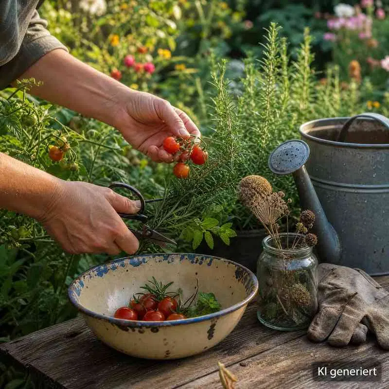 Gartenarbeit glücklich, kleine Gartenarbeiten, Gartenmomente, Kräuter ernten, Tomaten ernten, Blumen gießen, Samen sammeln, Garten entschleunigen